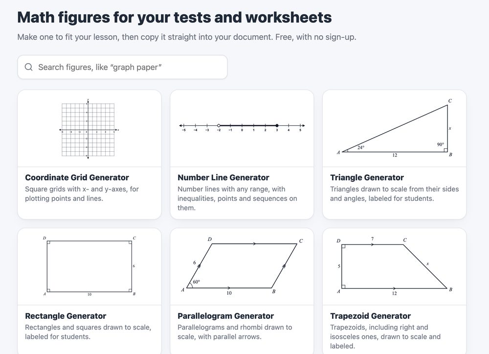 Math Figures generator menu with coordinate grid, number line, and triangle