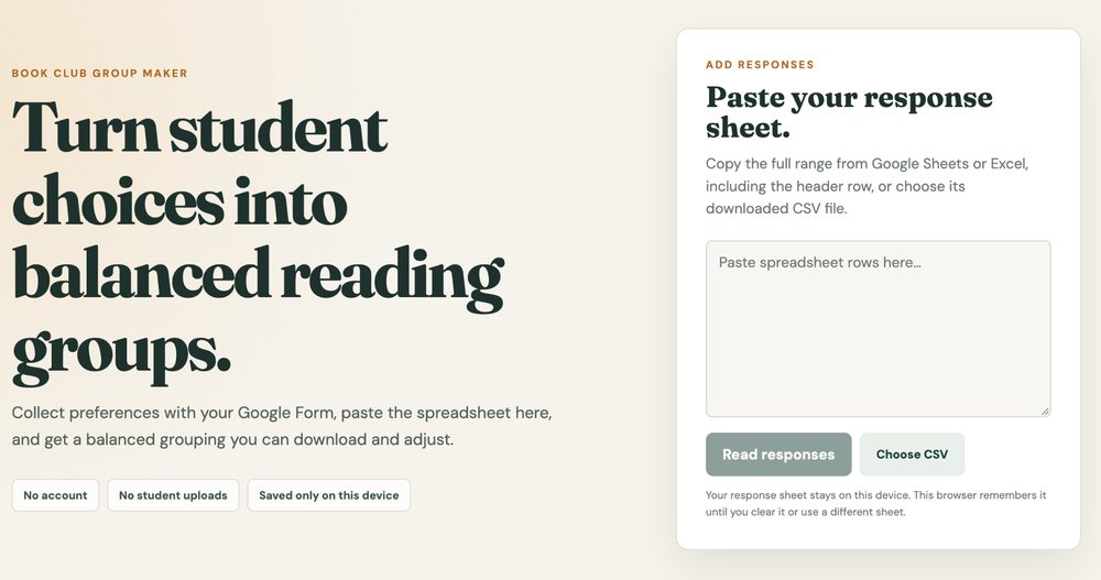 Group Readers home page with a paste-your-responses box