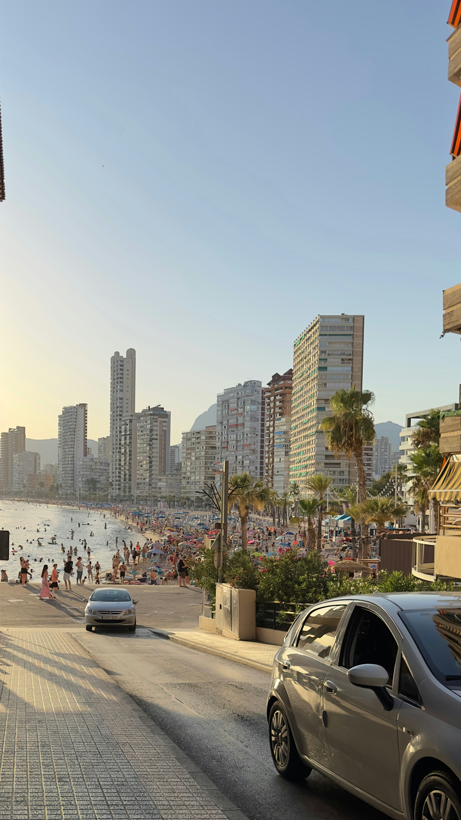 Compact cars driving along the Costa Blanca seafront promenade at sunset with beach and apartment towers in the background