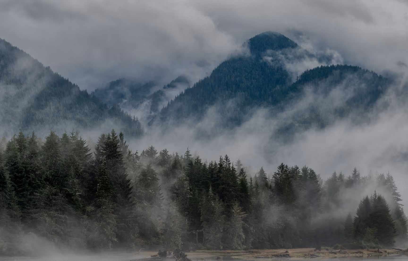 a misty mountain range on Vancouver Island