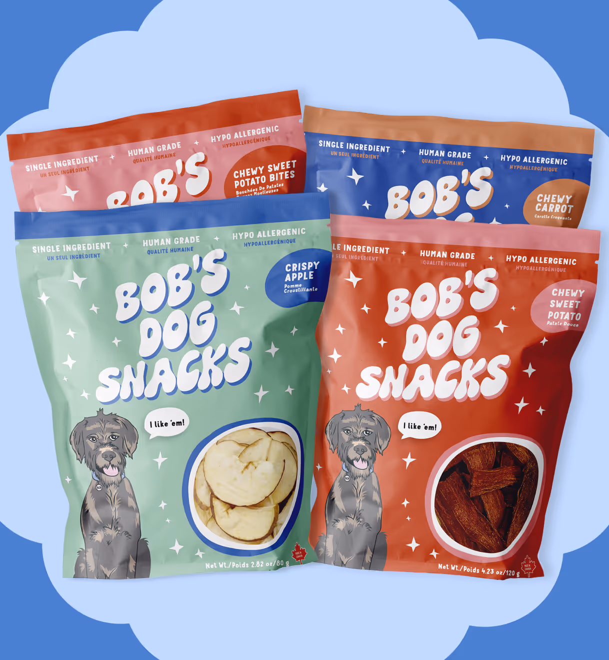 4 different bags of Bob's Dog Snacks