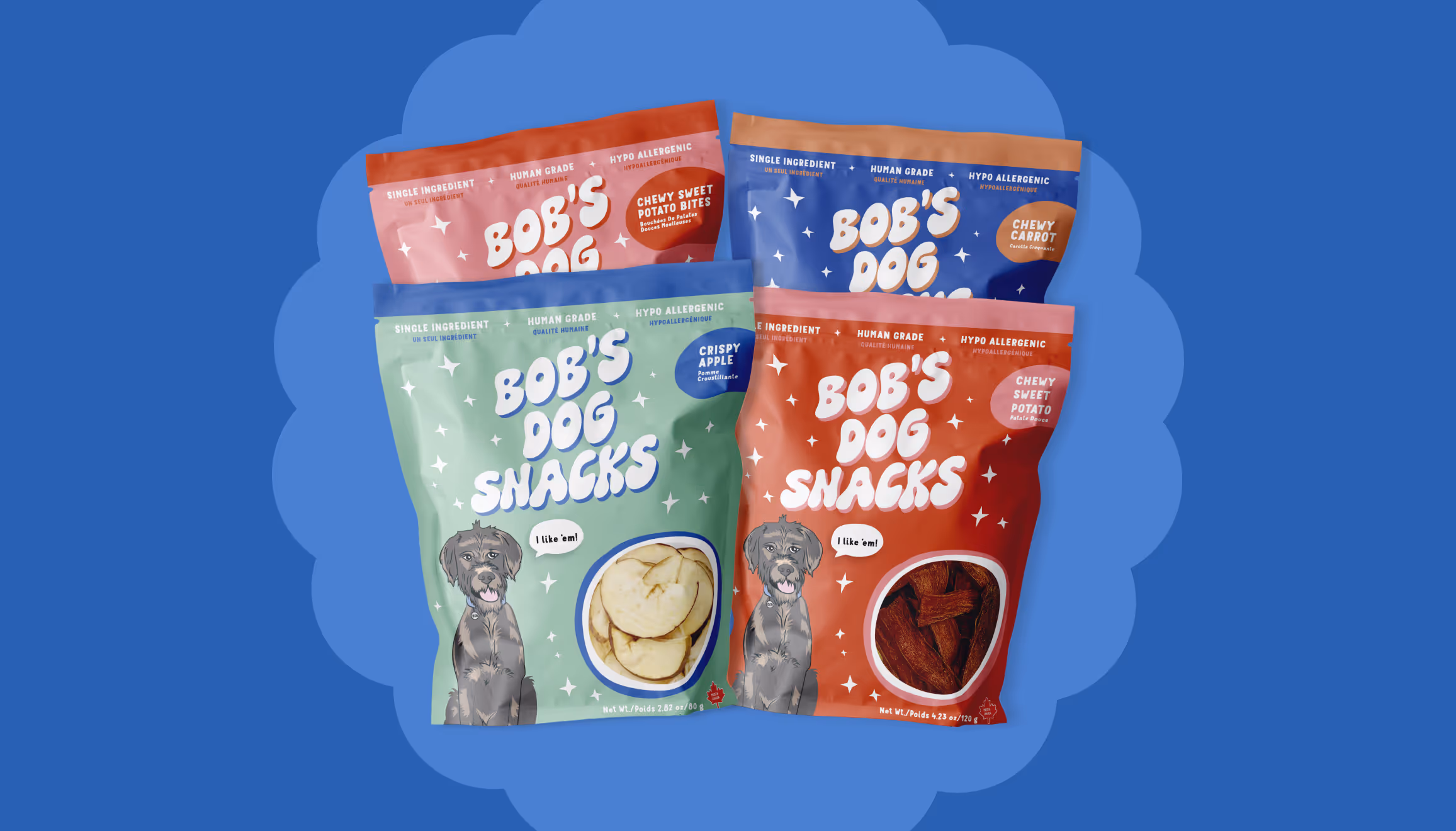 four bags of Bobs dog snacks showing different flavours