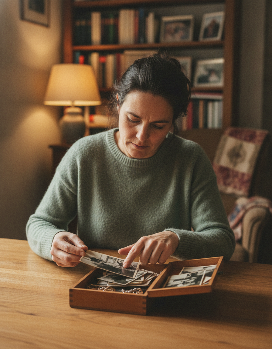 Sfeerbeeld inboedel — vrouw met persoonlijke foto’s en herinneringen