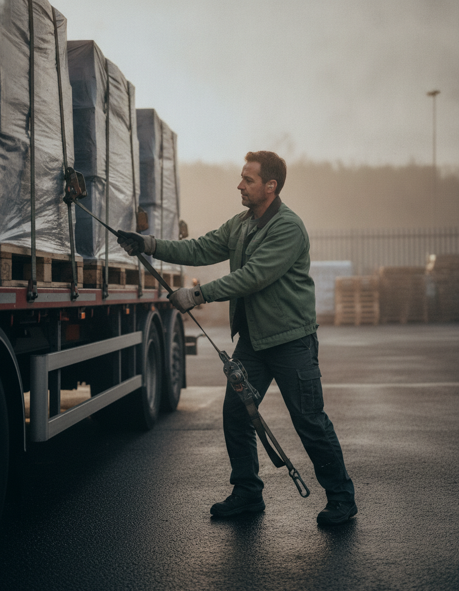 Ondernemer zet lading vast op een vrachtwagen