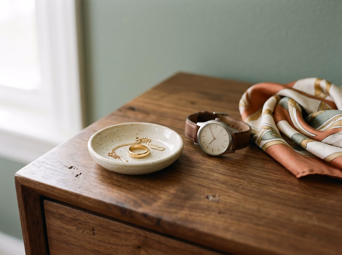 Gouden ring, ketting en horloge op een dressoir — kostbaarheden met een maximumbedrag in je inboedelverzekering