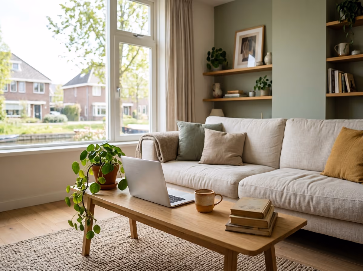 Woonkamer met linnen bank, houten salontafel en laptop — spullen die onder je inboedelverzekering vallen