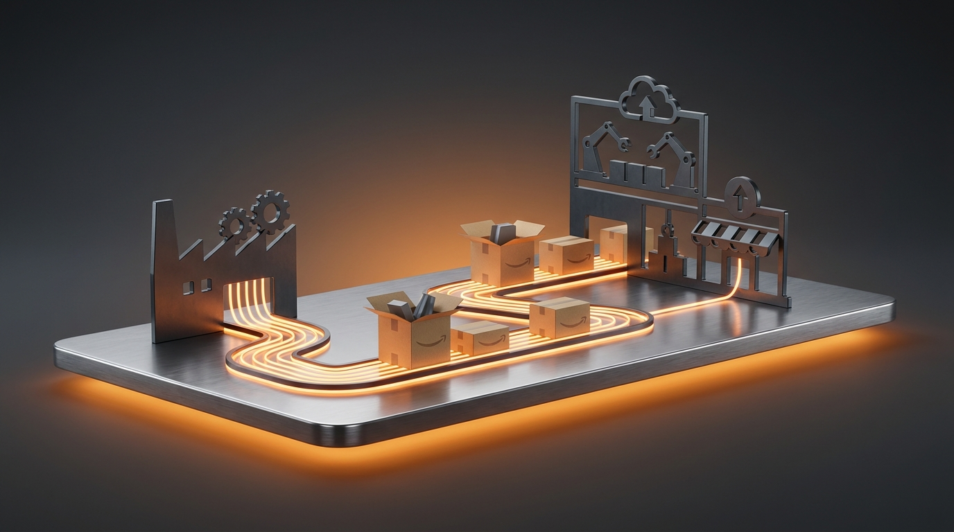 Illustration éditoriale sombre avec accent orange : sourcing de produits depuis Alibaba vers Amazon FBA, cartons et chaîne logistique.