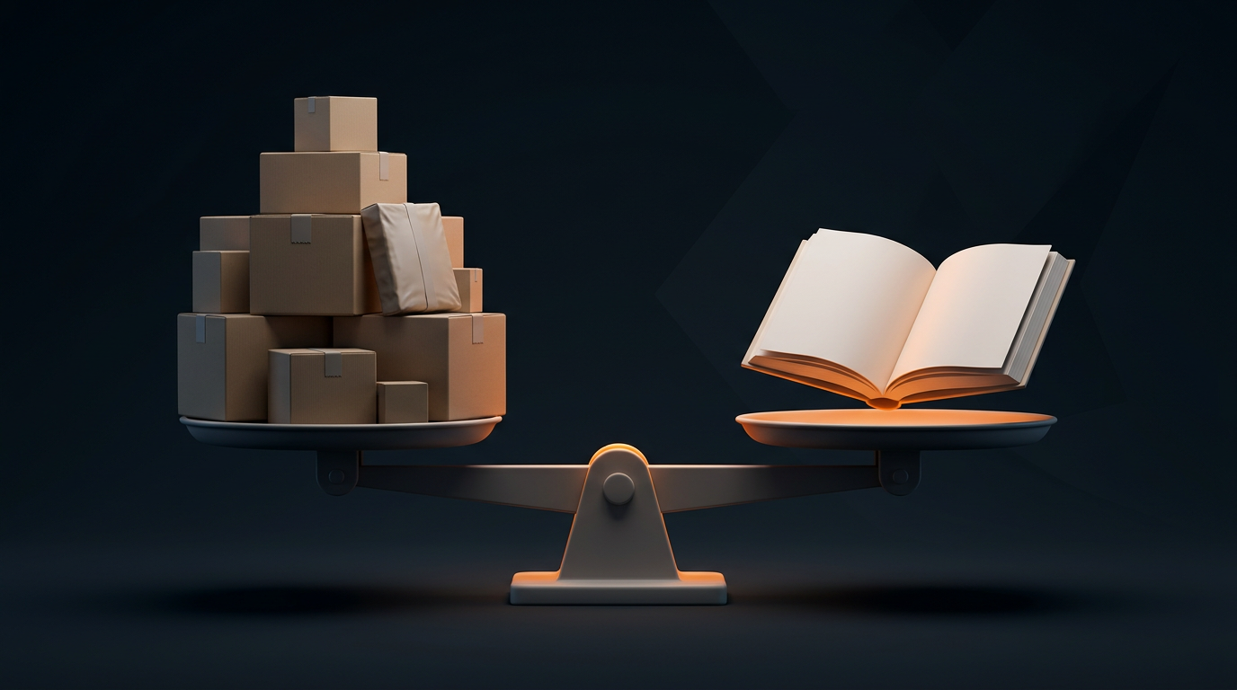 Une balance opposant le stock d'Amazon FBA et un livre Amazon KDP, deux budgets de départ très différents
