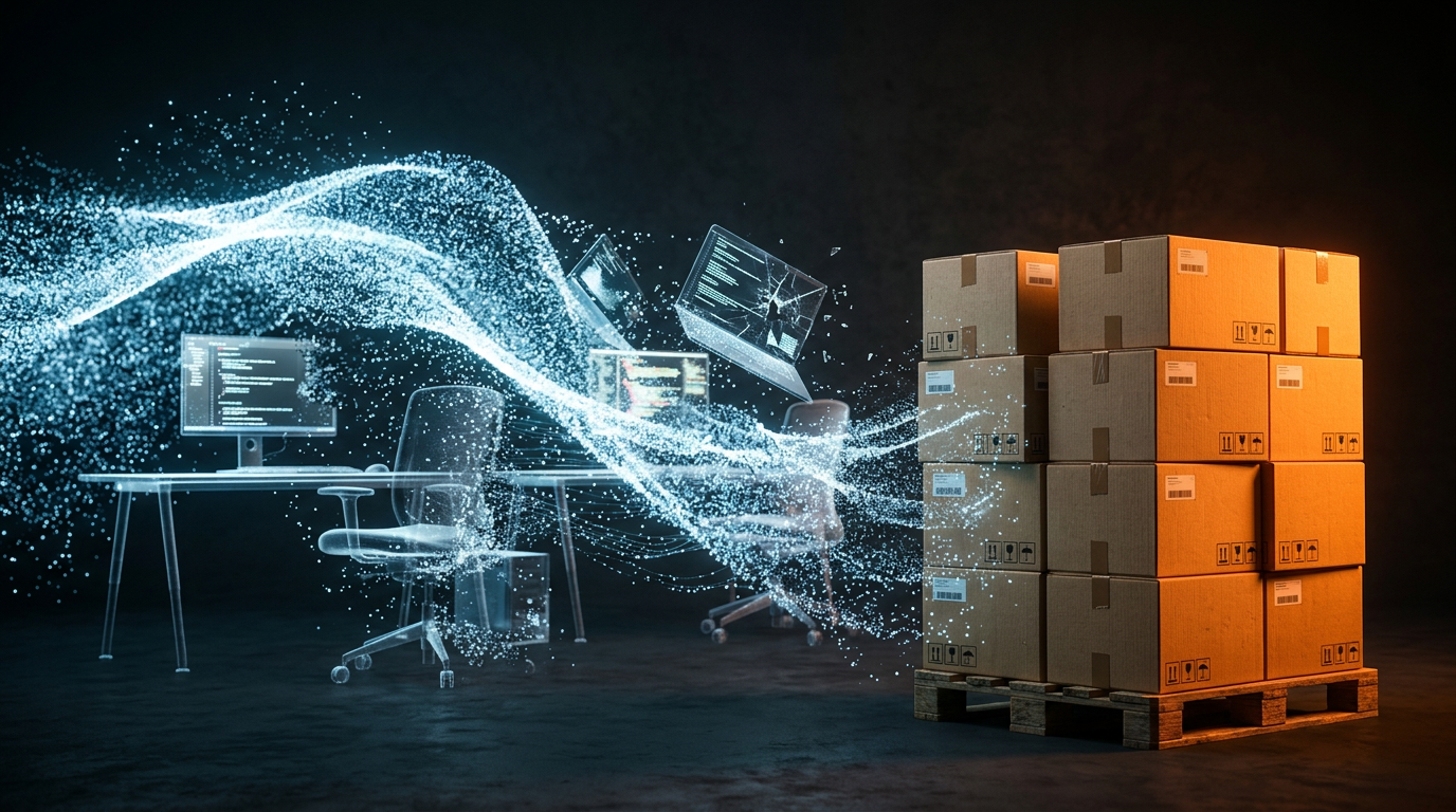 Une vague de particules numériques dissout des bureaux virtuels tandis qu'une pile de cartons d'expédition reste intacte, illustration éditoriale sombre à accent orange.