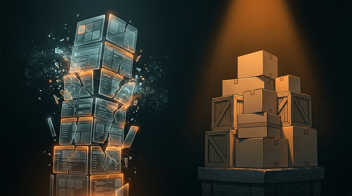 Une tour de verre faite d'écrans se fissure à gauche pendant qu'une pile de cartons résiste à droite, illustration éditoriale sombre à accent orange.