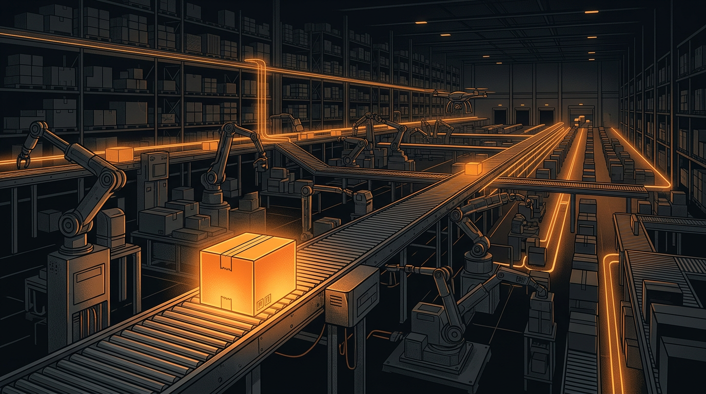 Un carton orange lumineux avance sur un convoyeur vers un immense entrepôt automatisé rempli de bras robotisés, illustration éditoriale sombre à accent orange.