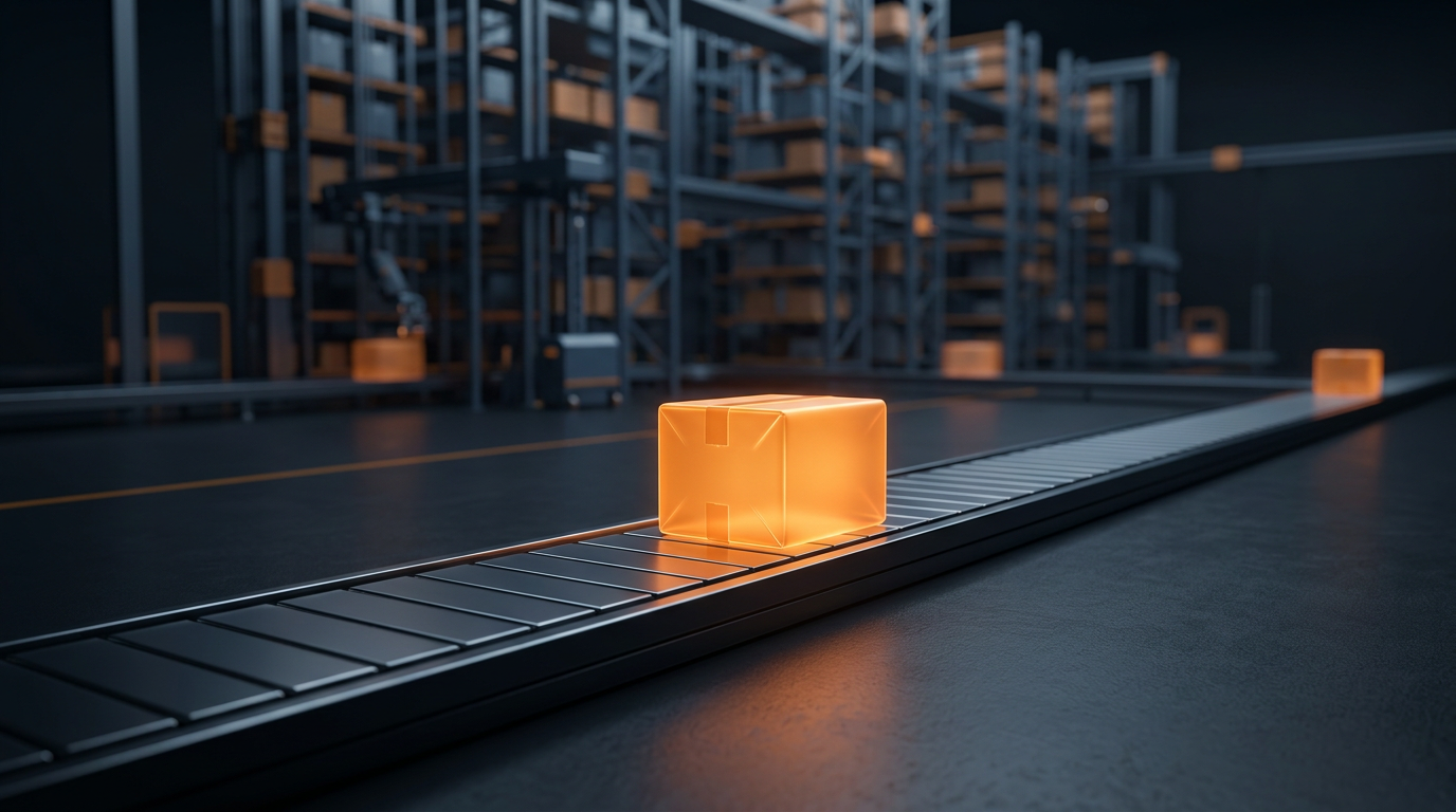 Vendre sur Amazon FBA : un colis orange sur un tapis logistique vers un entrepôt automatisé, illustration éditoriale sombre à accent orange
