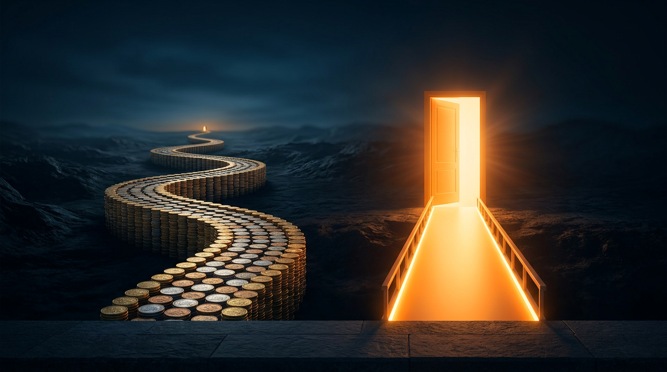 Deux chemins vers la liberté financière : une longue route pavée de pièces vers l'horizon et un pont lumineux plus court vers une porte, illustration éditoriale sombre à accent orange