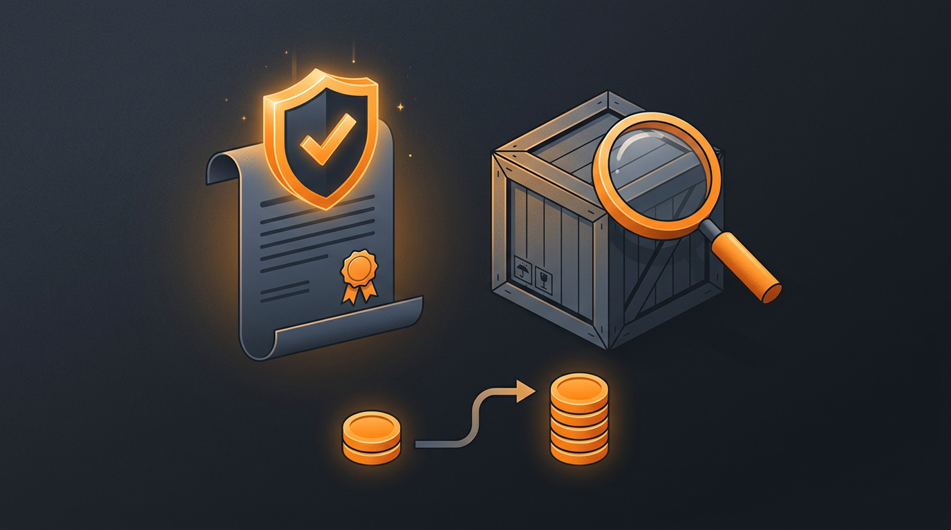 Un contrat qui protège une commande d'import, avec un bouclier de validation orange et une loupe d'inspection au-dessus d'un carton, illustration éditoriale sombre à accent orange
