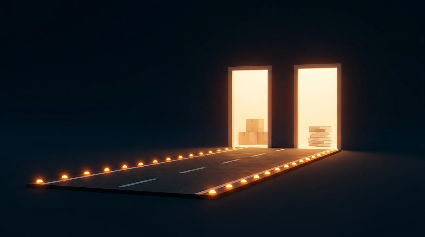 Une piste de décollage éclairée d'orange mène à deux portes, l'une vers des cartons, l'autre vers des livres, illustration éditoriale sombre à accent orange