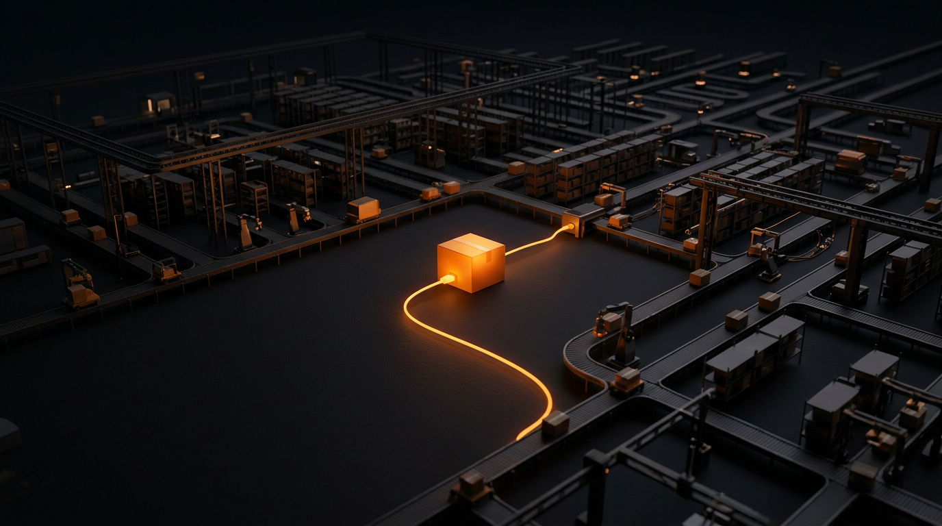 Un petit carton orange branché sur un immense réseau d'entrepôts automatisés, illustration éditoriale sombre à accent orange