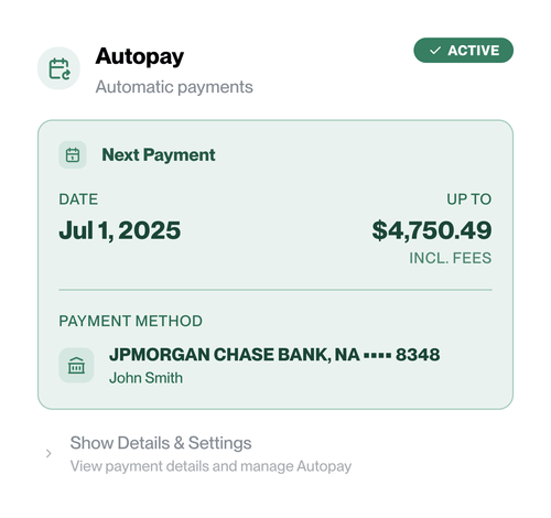 Screenshot of TripleZIp Rent Autopay feature