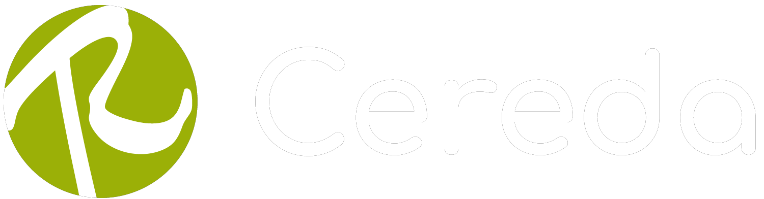 Cereda logo med hvid tekst og grøn cirkel med hvidt R-design.