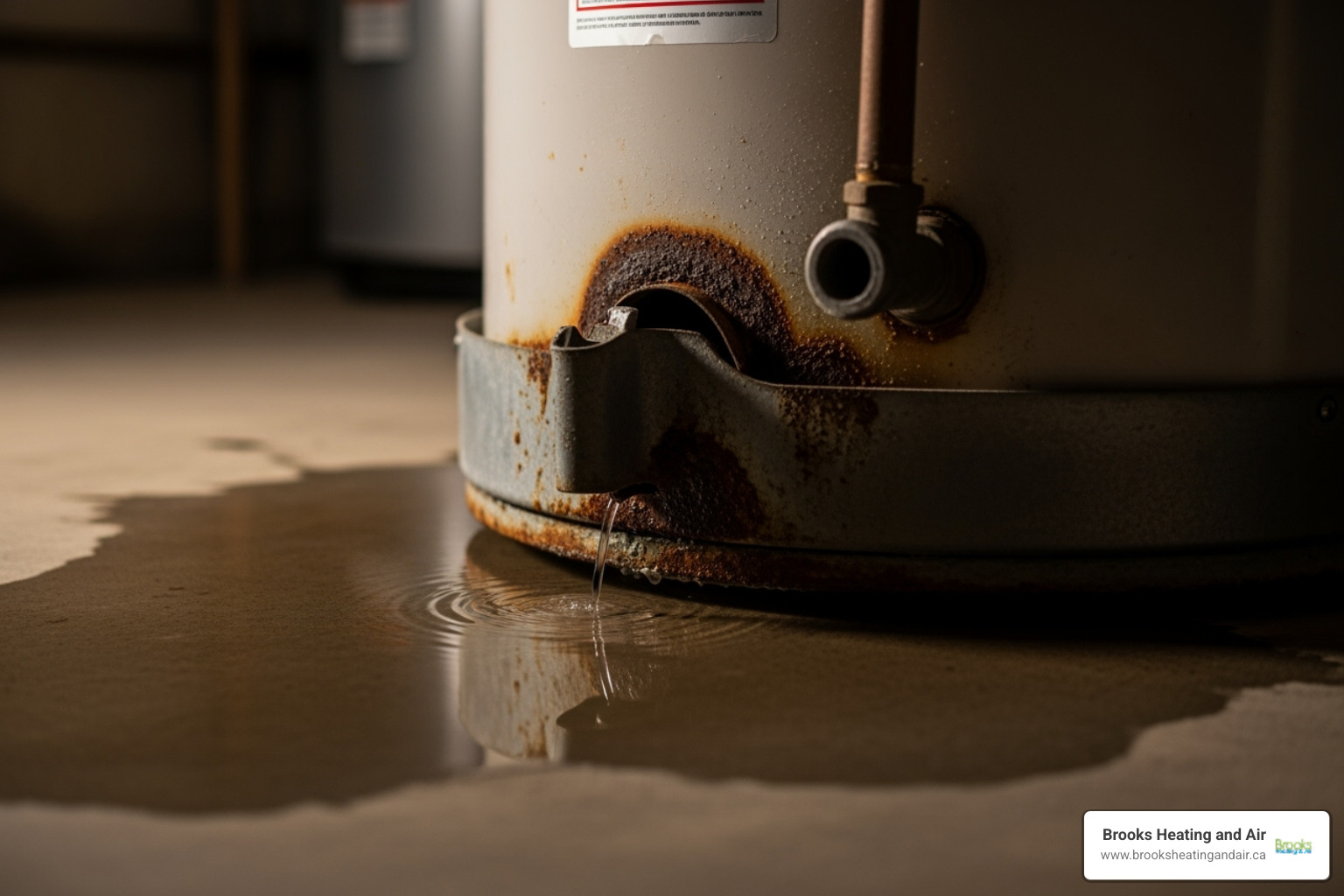 A leaking water heater tank base with water pooling around it - Same day water heater