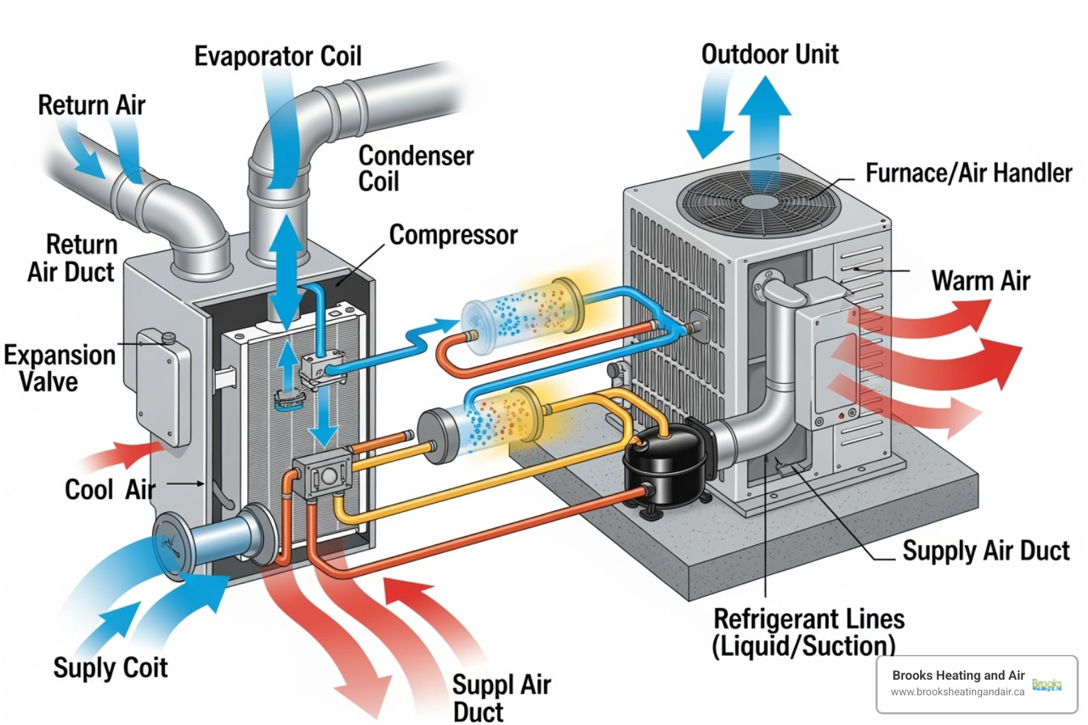 Diagram showing the location of both the indoor evaporator coil and the outdoor condenser coil - AC coil cleaning