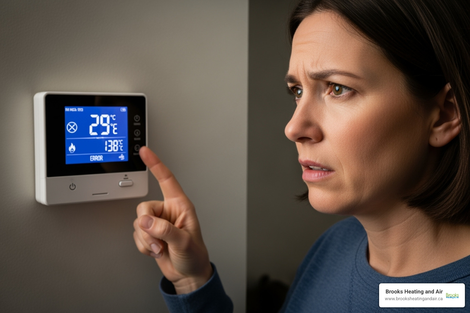 A homeowner looking concerned at their furnace thermostat, indicating a potential heating issue. - furnace repair milton