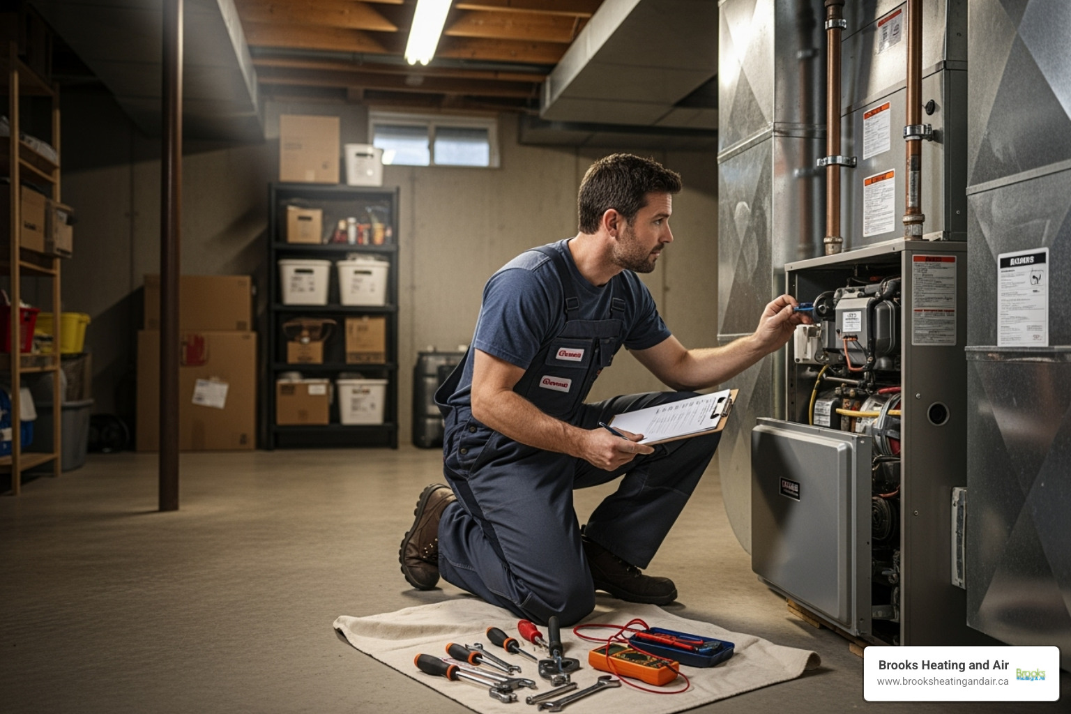 A technician performing a furnace tune-up with a checklist, highlighting the meticulous process of maintenance. - furnace repair milton