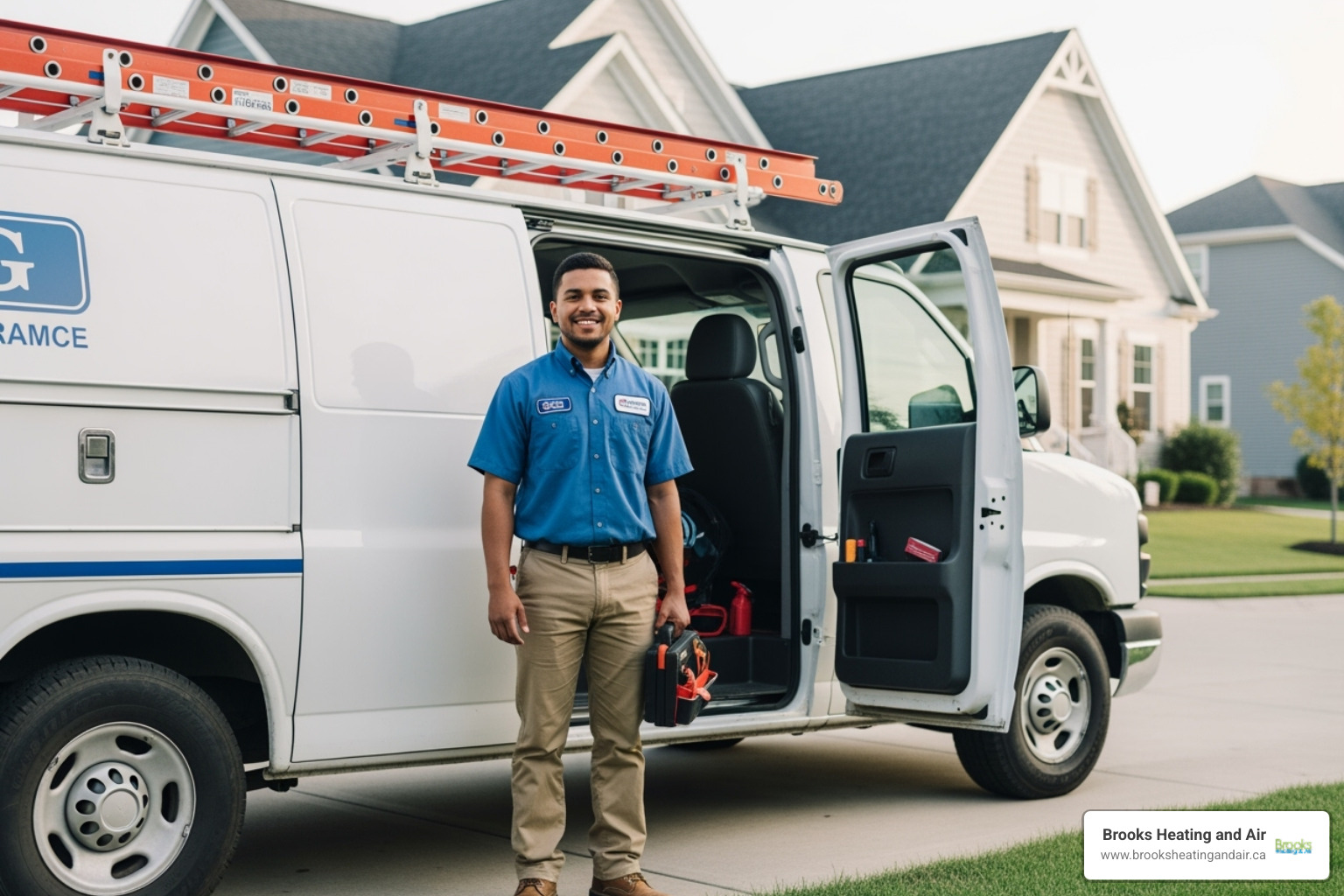 A friendly, professional technician standing next to a service van, ready to assist with furnace repairs. - furnace repair milton