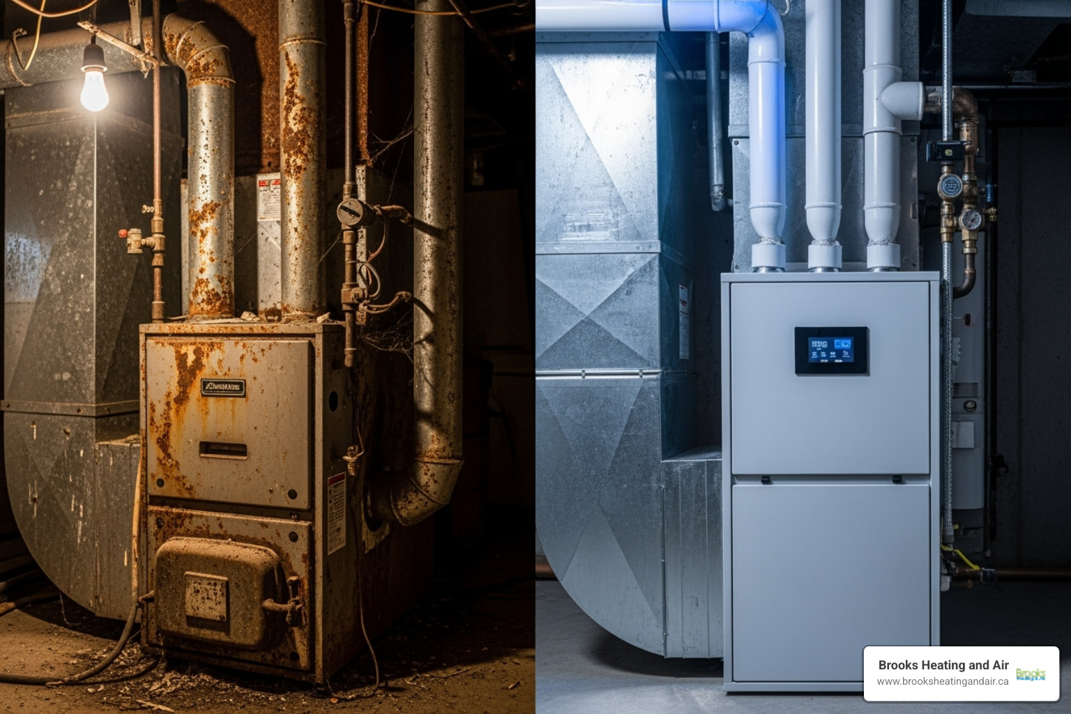 A split image showing an old, rusty furnace on one side and a new, modern high-efficiency furnace on the other, illustrating the contrast between repair and replacement options. - furnace repair milton