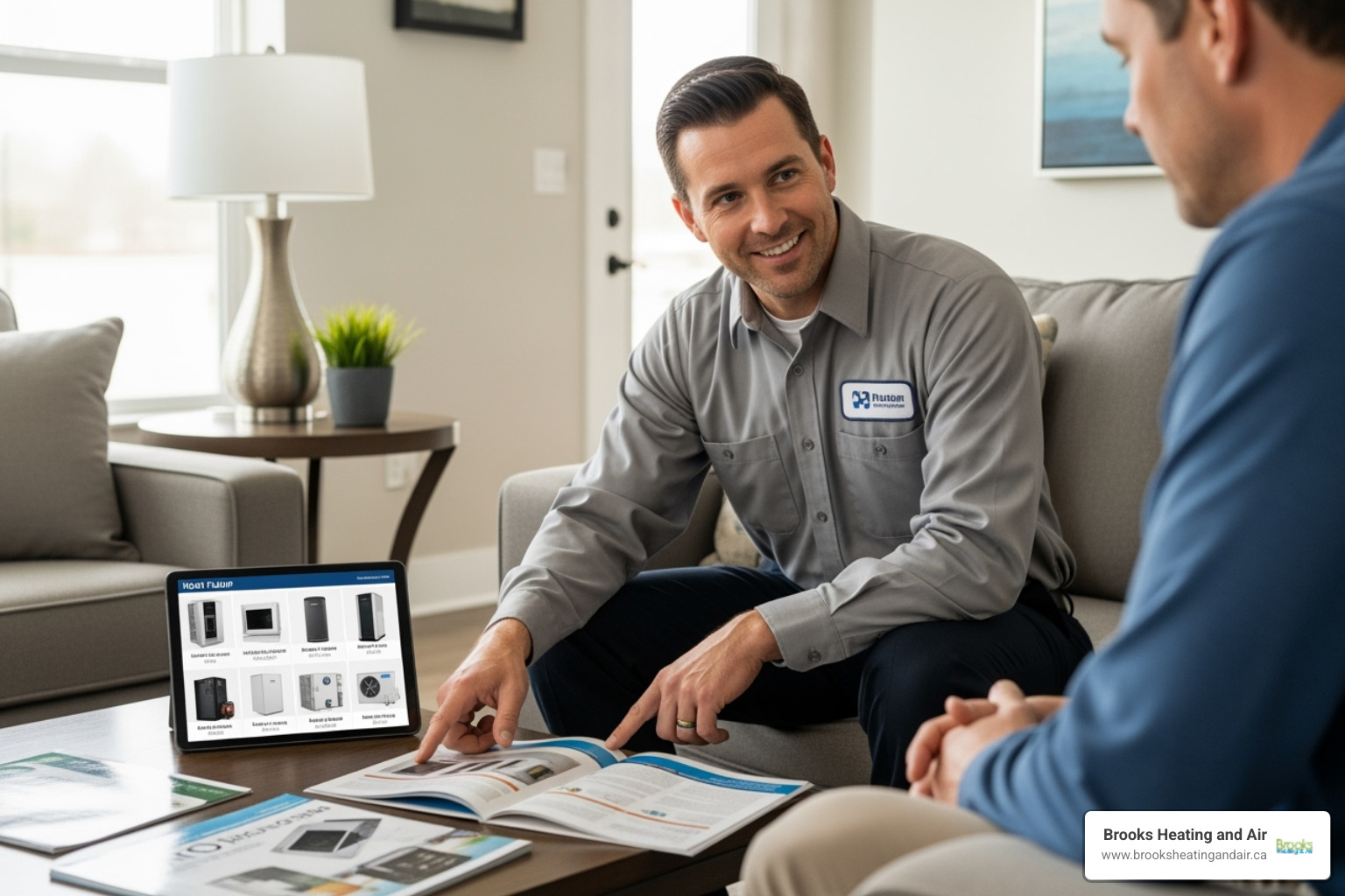 technician explaining different heat pump models to a homeowner - Heat pump installation Brampton