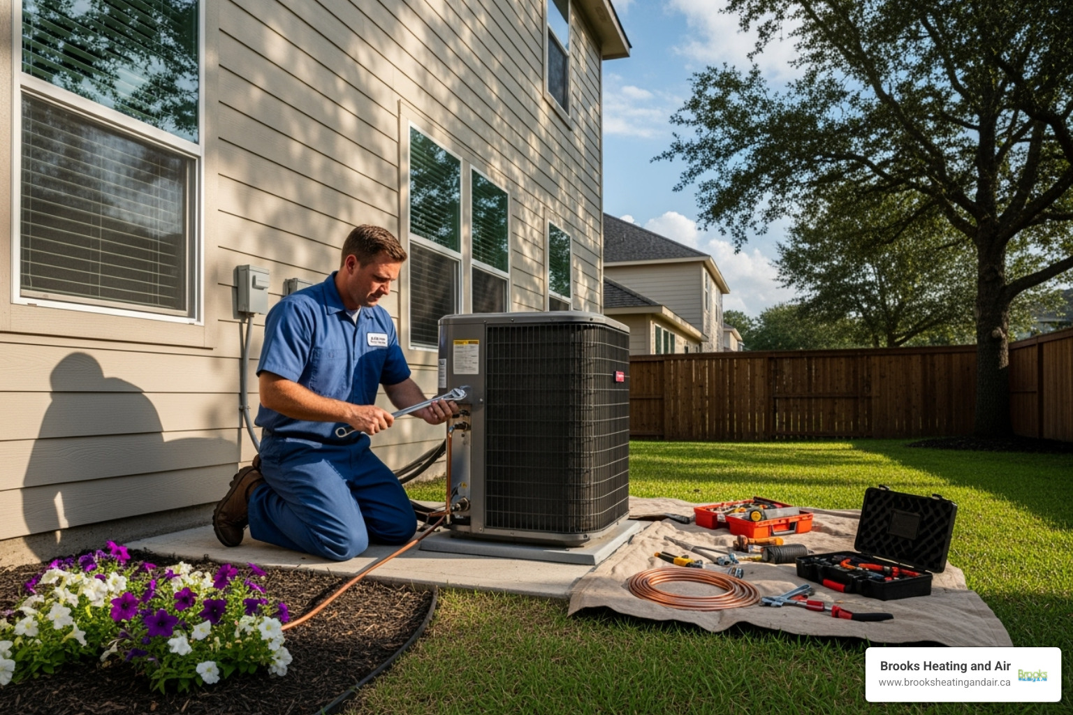 certified technician carefully installing an outdoor heat pump unit - Heat pump installation Brampton