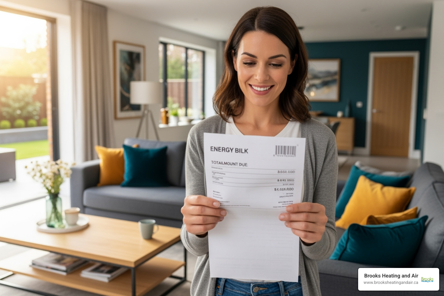 homeowner smiling while looking at their reduced energy bill - Heat pump installation Brampton