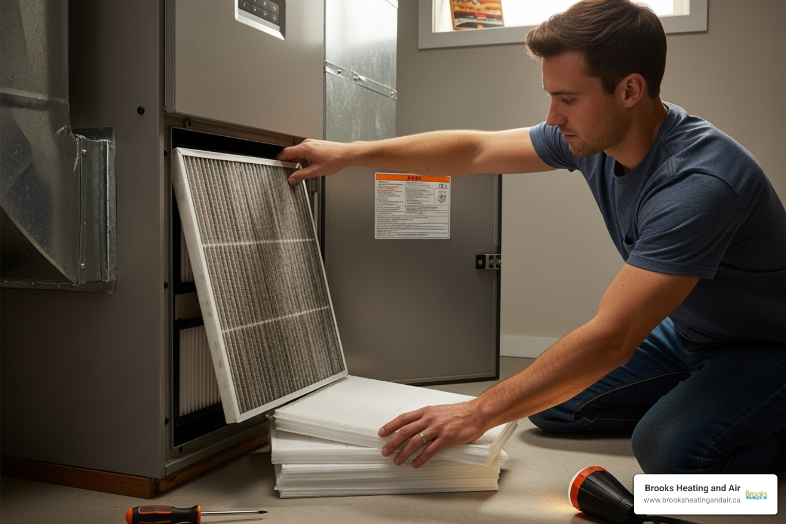 a person changing an HVAC air filter - heat pump not cooling