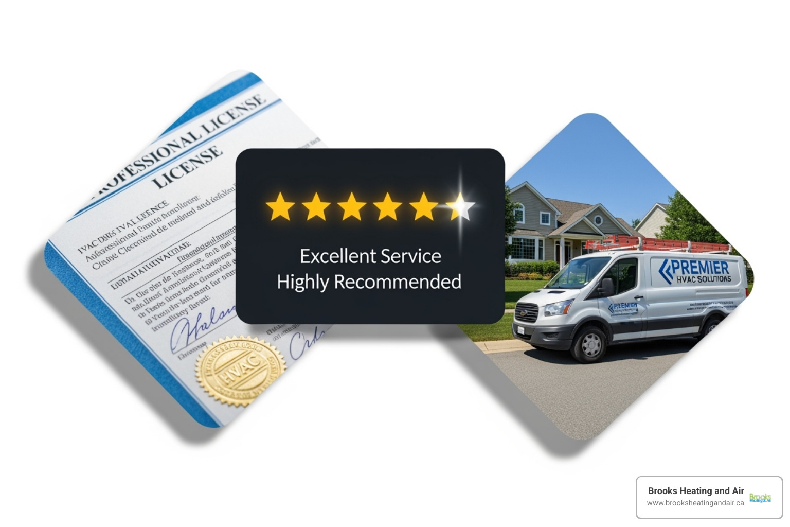 collage showing a license, a 5-star review, and a Brooks Heating and Air van - Brampton HVAC company