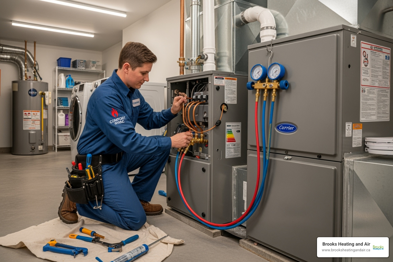 Brooks Heating and Air technician installing a new furnace - Brampton HVAC company
