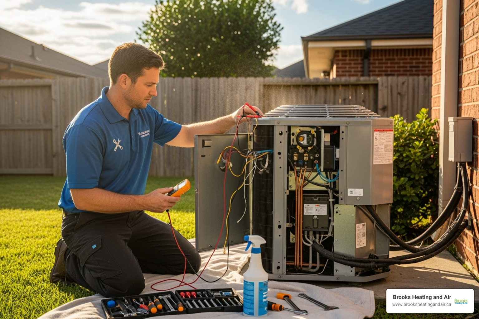 Technician inspecting an outdoor AC unit - hvac repair in milton