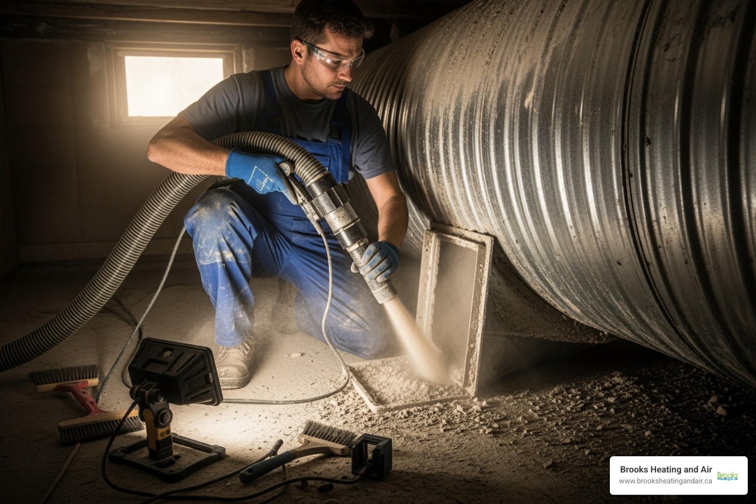 a professional technician using a high-powered vacuum hose on a home's ductwork - Air duct cleaning Milton