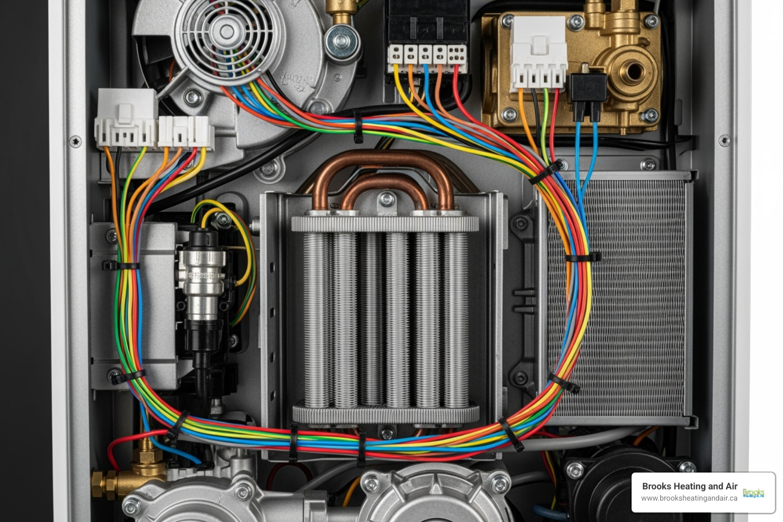 Internal boiler components, highlighting heat exchanger and wiring - Boiler burning smell