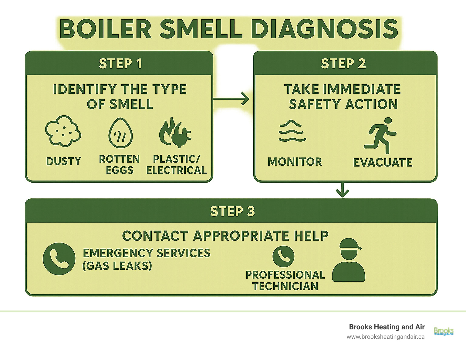 Infographic showing boiler smell diagnosis flowchart with three main steps: Step 1 - Identify the type of smell (dusty, rotten eggs, plastic/electrical, or oily), Step 2 - Take immediate safety action based on smell type (monitor, evacuate, or shut down system), Step 3 - Contact appropriate help (emergency services for gas leaks, professional technician for other issues) - Boiler burning smell infographic 