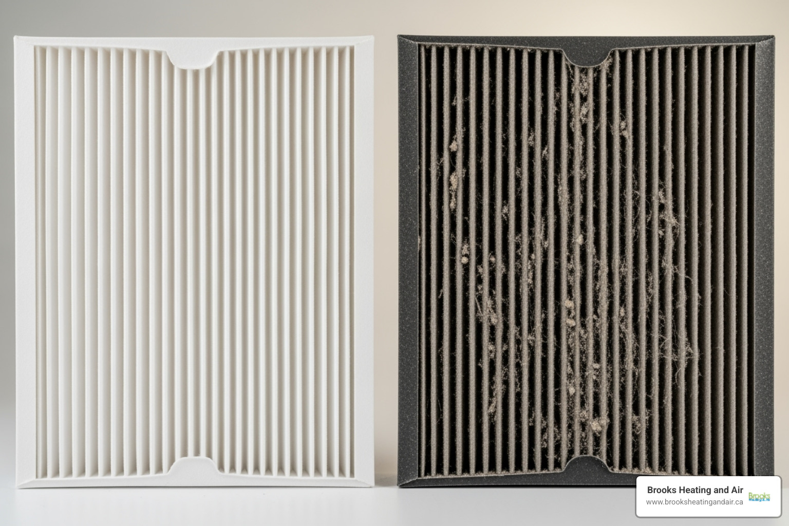Comparison of a clean AC air filter next to a heavily clogged, dirty AC air filter - AC blowing hot air