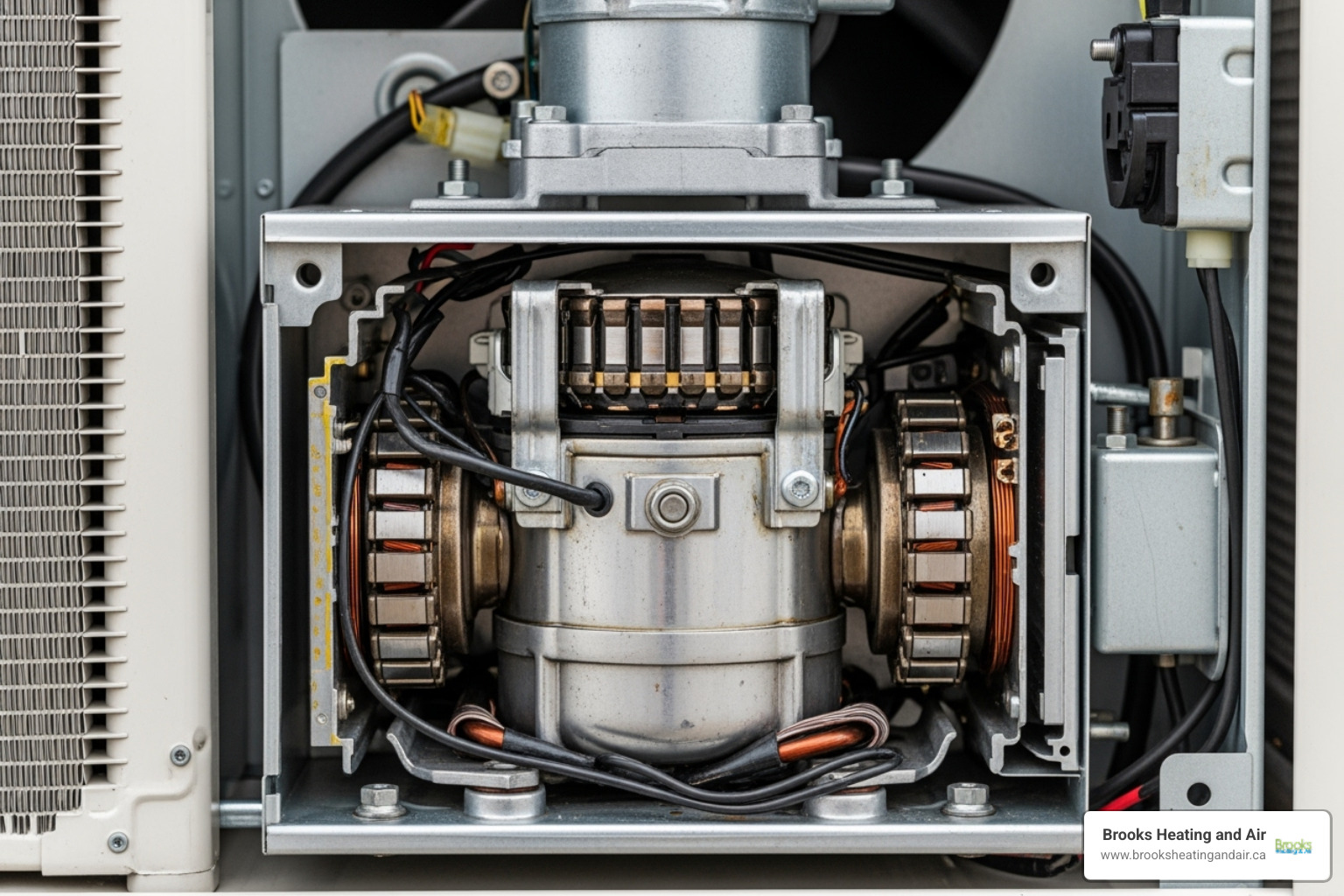 Close-up image of an AC compressor inside an outdoor unit, showcasing its internal components - AC blowing hot air