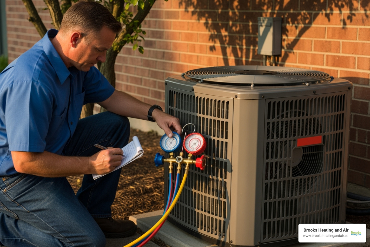 HVAC technician using gauges to check refrigerant levels on an outdoor AC unit - AC blowing hot air