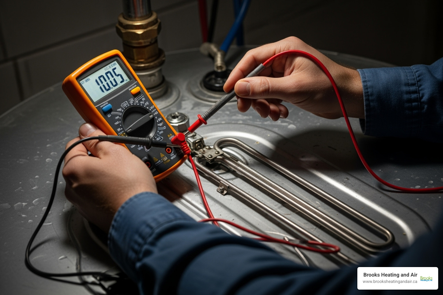 of a multimeter being used to test a water heater element for continuity - Water heater element repair