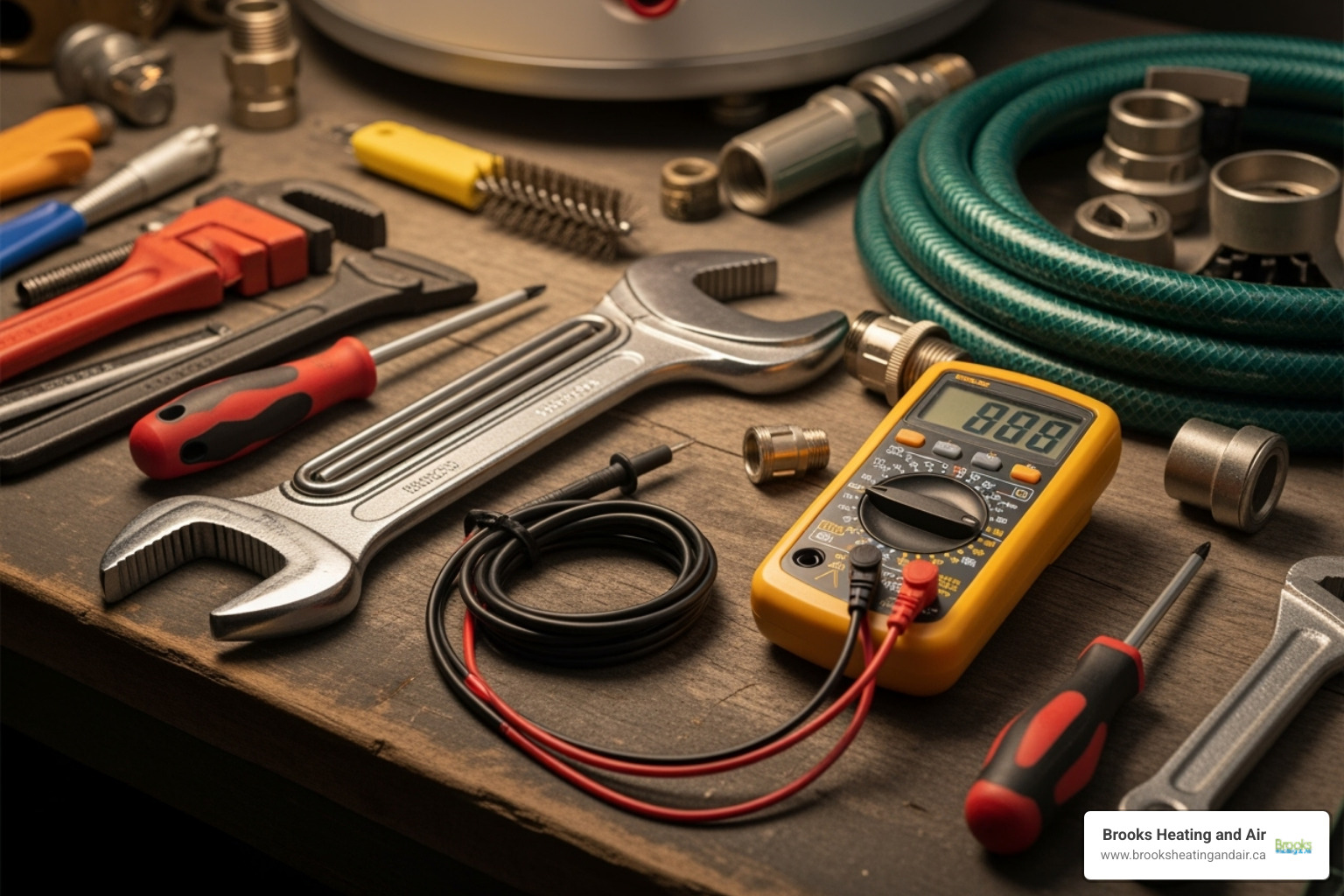 of all necessary tools laid out, including an element wrench, multimeter, screwdriver, and hose - Water heater element repair