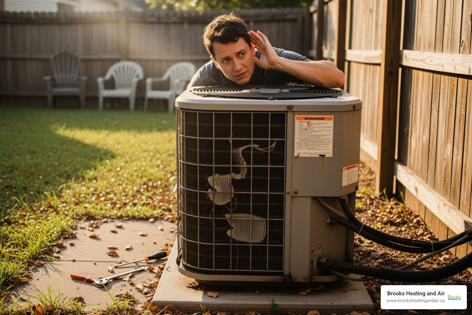 Person listening intently to a noisy outdoor AC unit, looking concerned - AC compressor repair