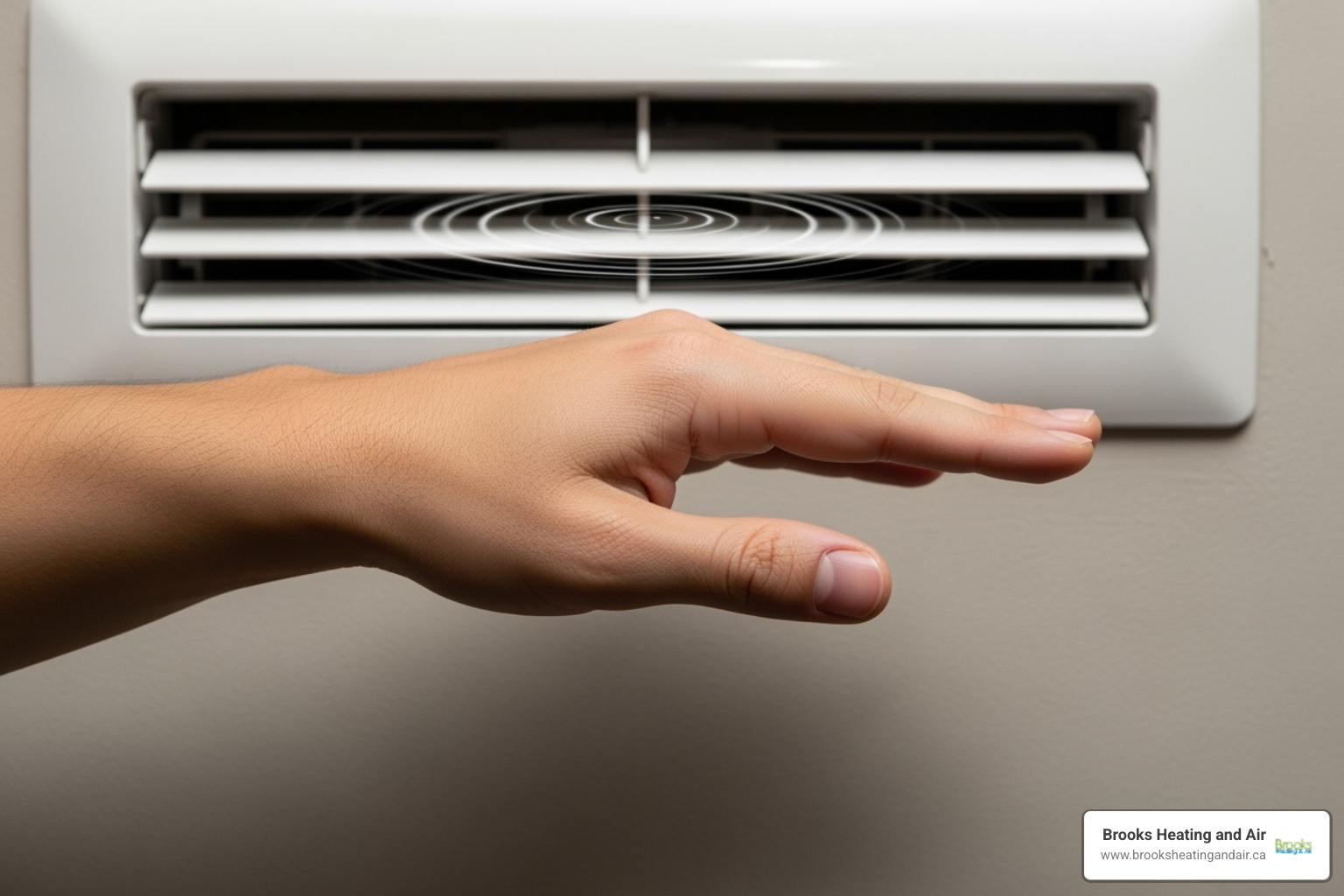 A hand feeling weak airflow from a vent, illustrating the problem of insufficient air circulation - hvac repair milton