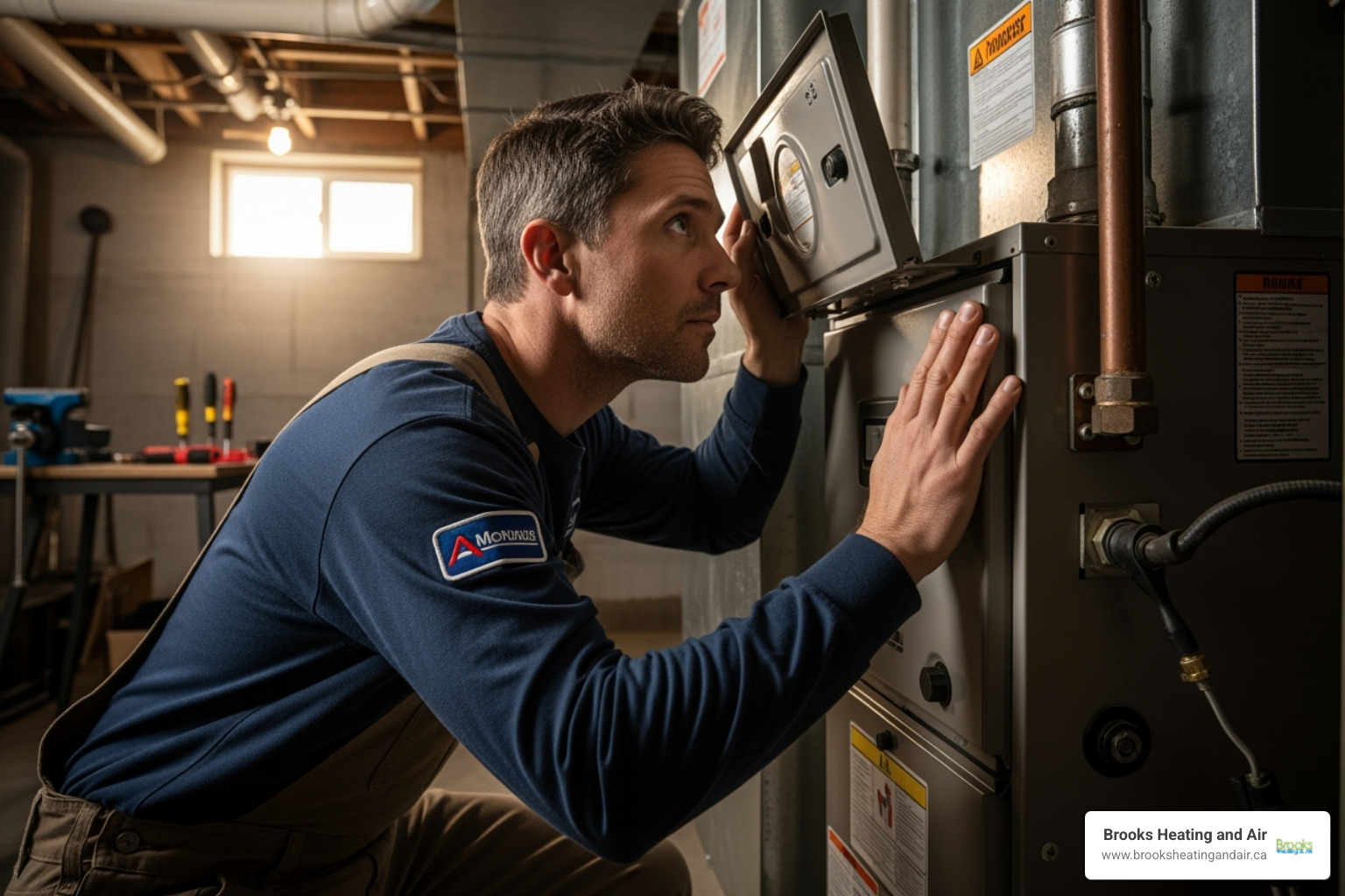 An HVAC technician listening intently to a furnace unit, appearing to diagnose a sound issue - hvac repair milton