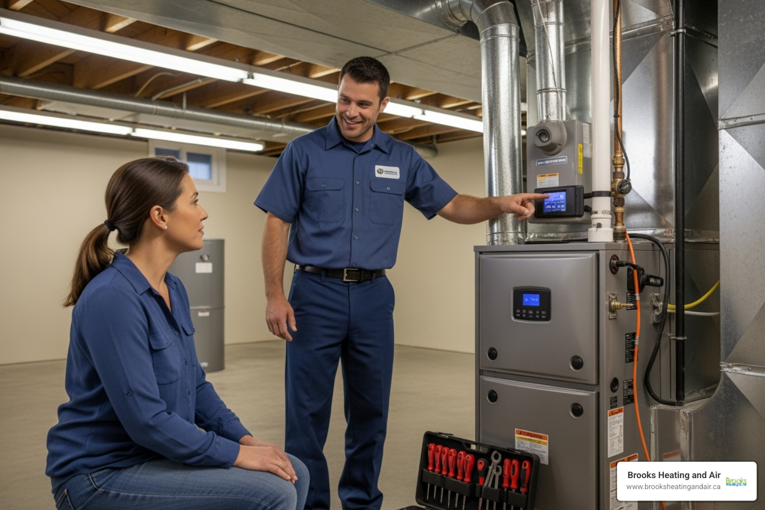 A friendly HVAC technician talking with a homeowner, pointing towards a furnace in a well-lit basement - furnace replacement milton