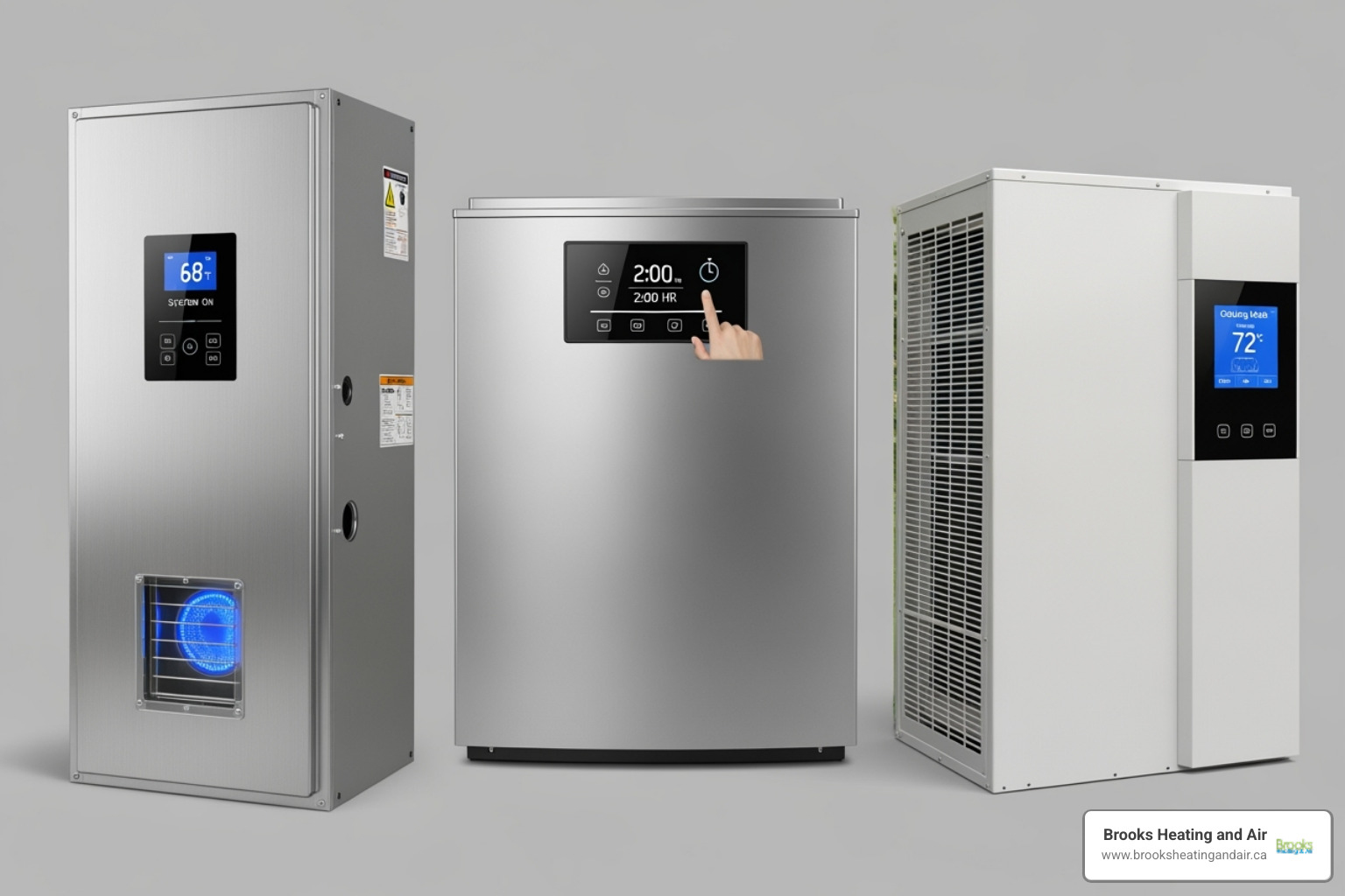 A collage image showing different types of modern, high-efficiency furnaces, including a gas furnace, an electric furnace, and a heat pump, with a focus on their sleek designs and digital controls - furnace replacement milton