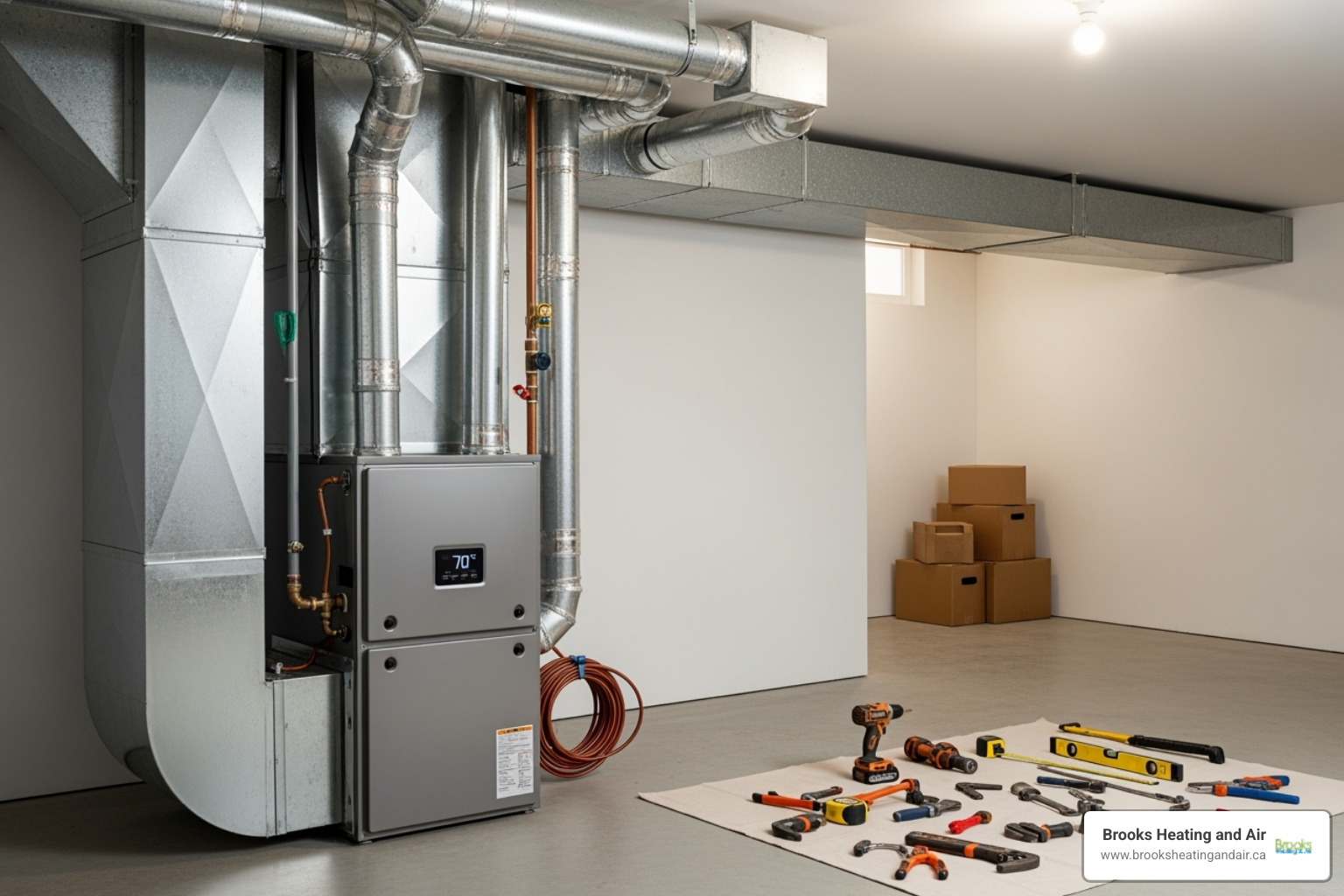 A clean and professional furnace installation in a basement, showing the new furnace connected to ductwork, with tools neatly arranged and the area tidy - furnace replacement milton
