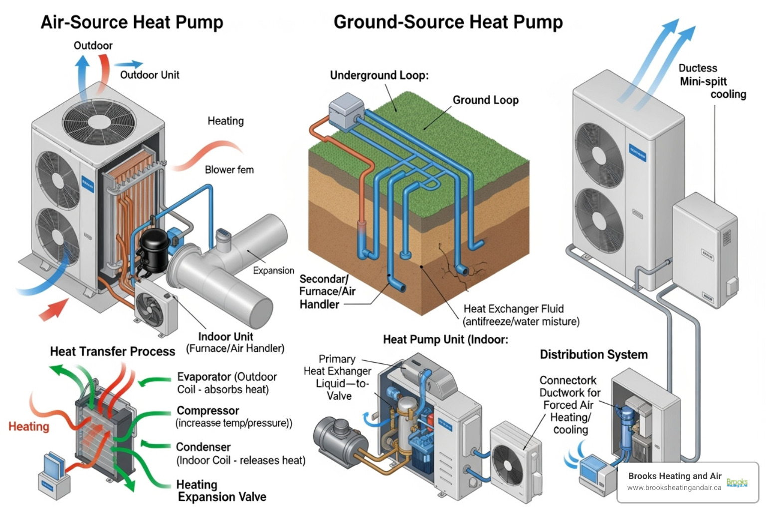 diagrams of air-source, ground-source, and ductless mini-split systems - Heat pump for home